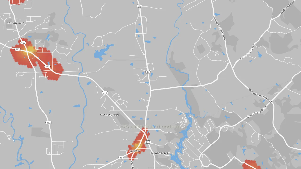 Walk Grade map of Stewart, GA, walkable areas in green and car-dependent areas in red