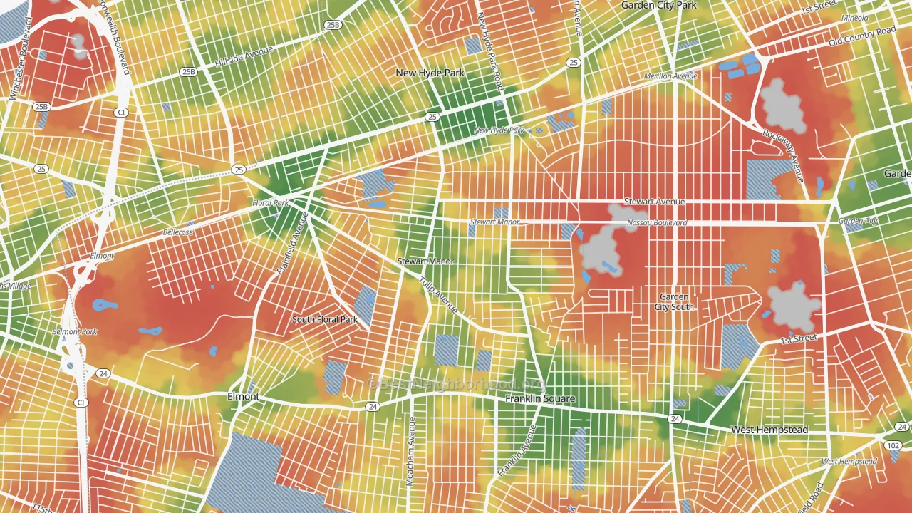 Walk Grade map of Stewart Manor, NY, walkable areas in green and car-dependent areas in red