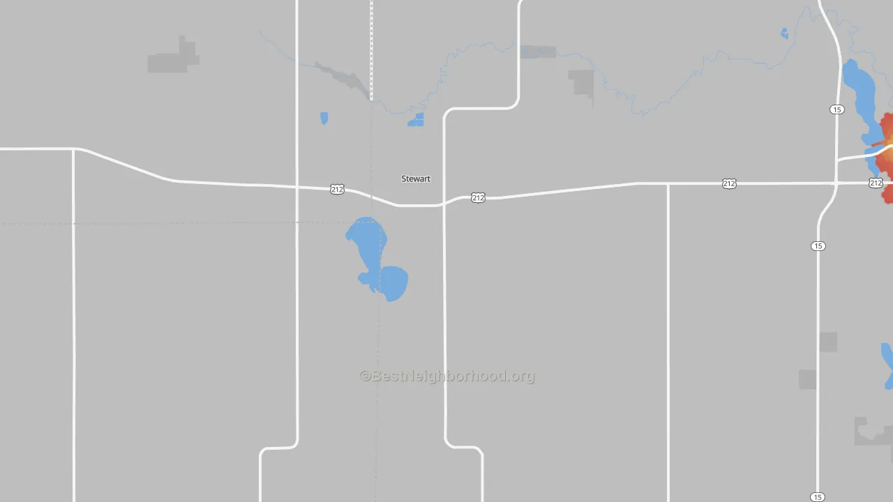 Walk Grade map of Stewart, MN, walkable areas in green and car-dependent areas in red