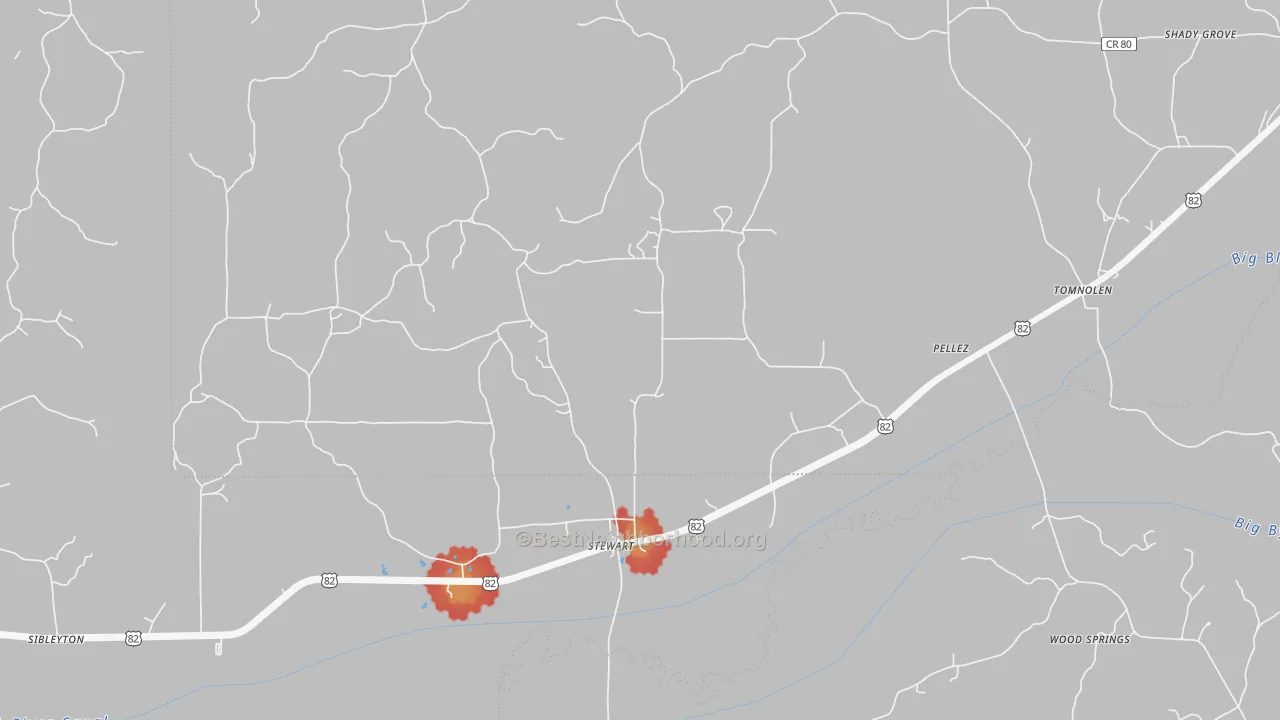Walk Grade map of Stewart, MS, walkable areas in green and car-dependent areas in red
