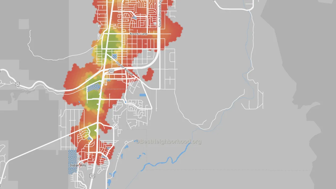 Walk Grade map of Stewart, NV, walkable areas in green and car-dependent areas in red