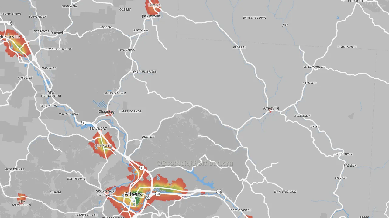 Walk Grade map of Stewart, OH, walkable areas in green and car-dependent areas in red