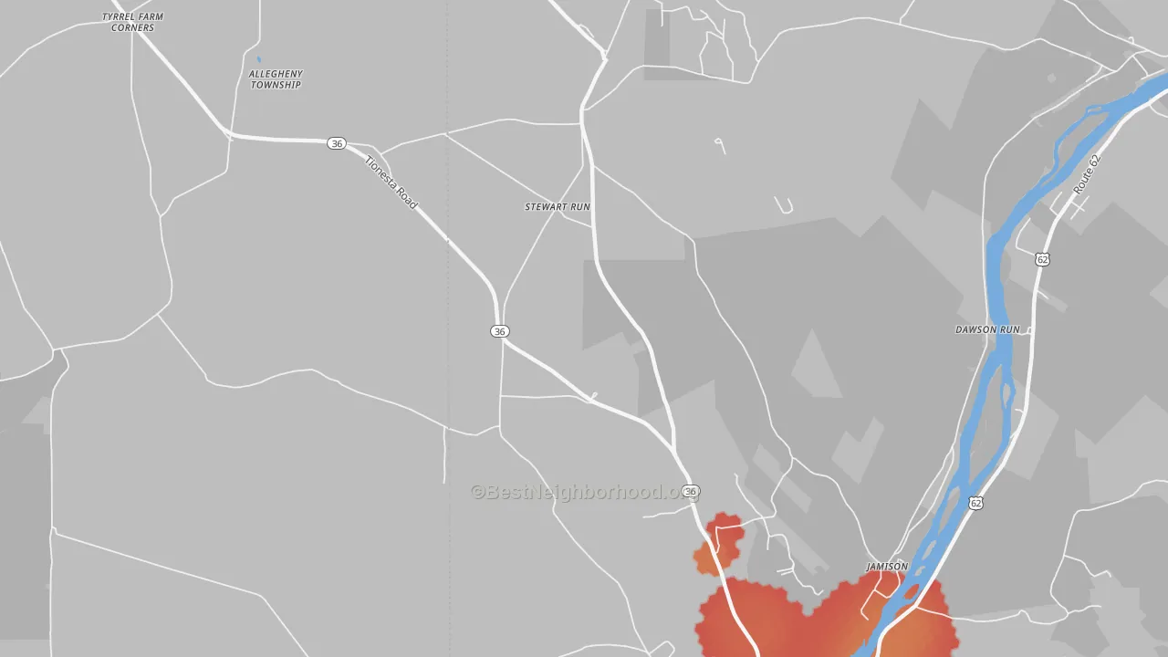 Walk Grade map of Stewart Run, PA, walkable areas in green and car-dependent areas in red
