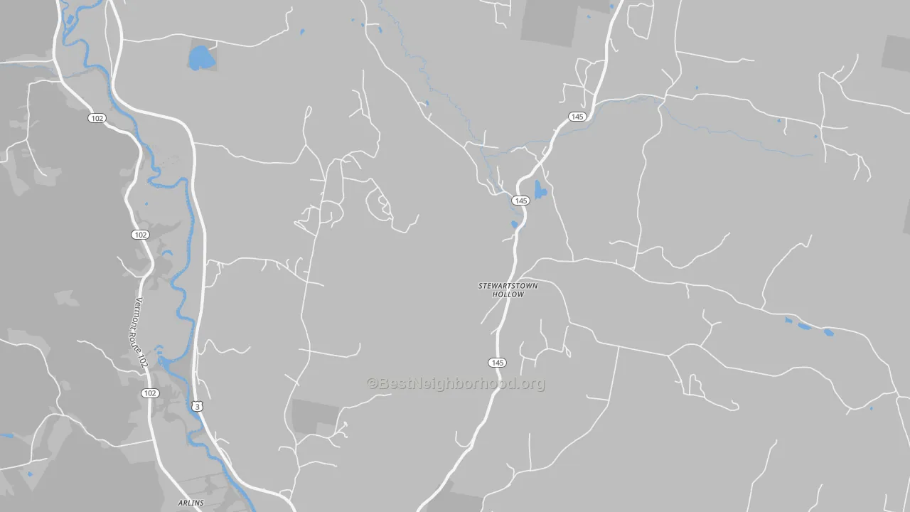 Walk Grade map of Stewartstown Hollow, NH, walkable areas in green and car-dependent areas in red
