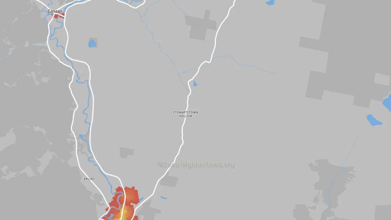 Walk Grade map of Stewartstown, NH, walkable areas in green and car-dependent areas in red