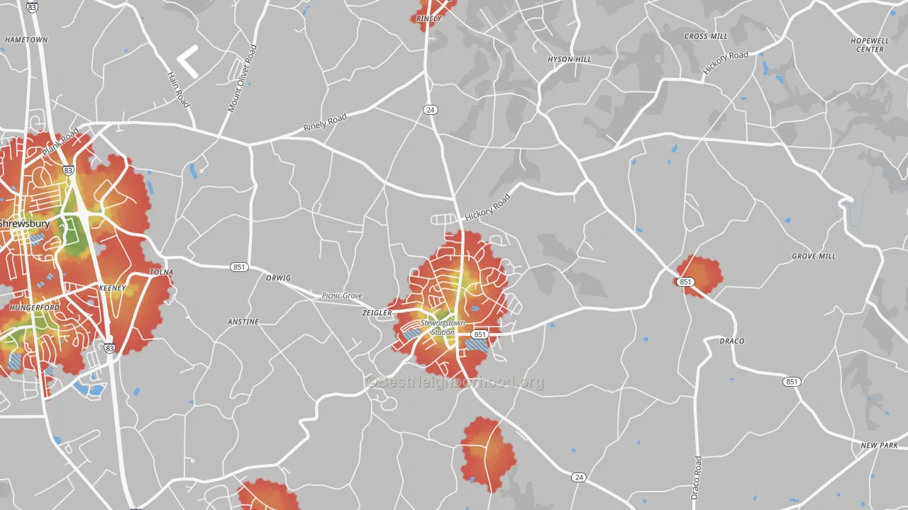 Walk Grade map of Stewartstown, PA, walkable areas in green and car-dependent areas in red