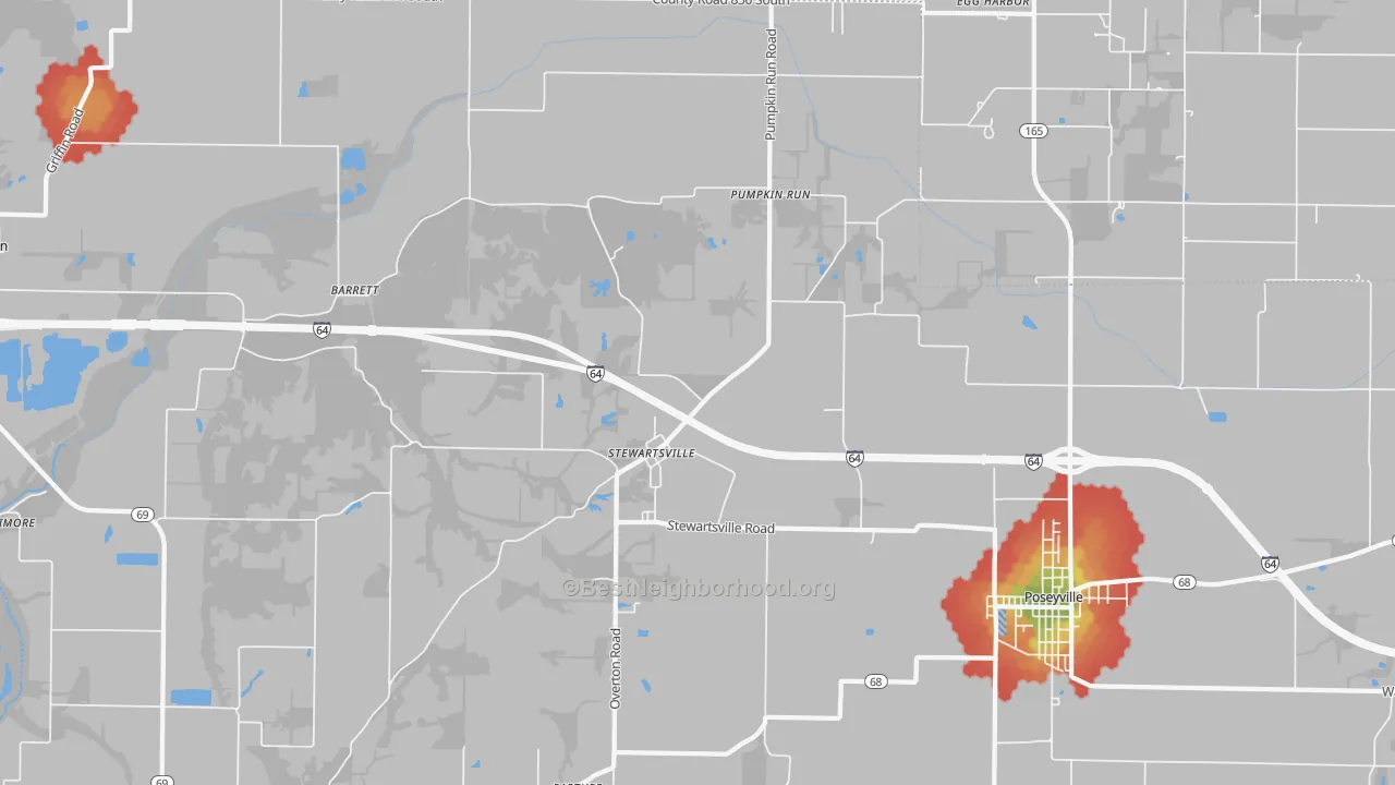 Walk Grade map of Stewartsville, IN, walkable areas in green and car-dependent areas in red