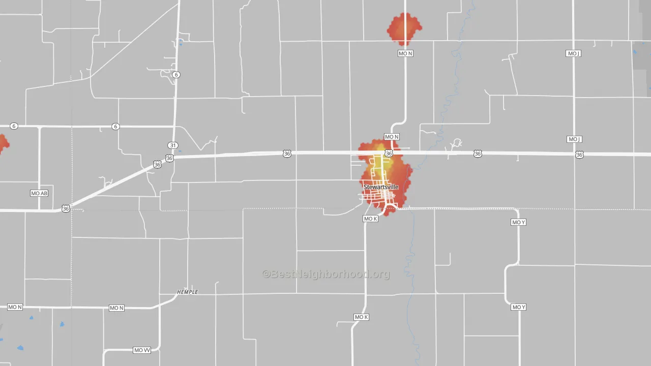 Walk Grade map of Stewartsville, MO, walkable areas in green and car-dependent areas in red