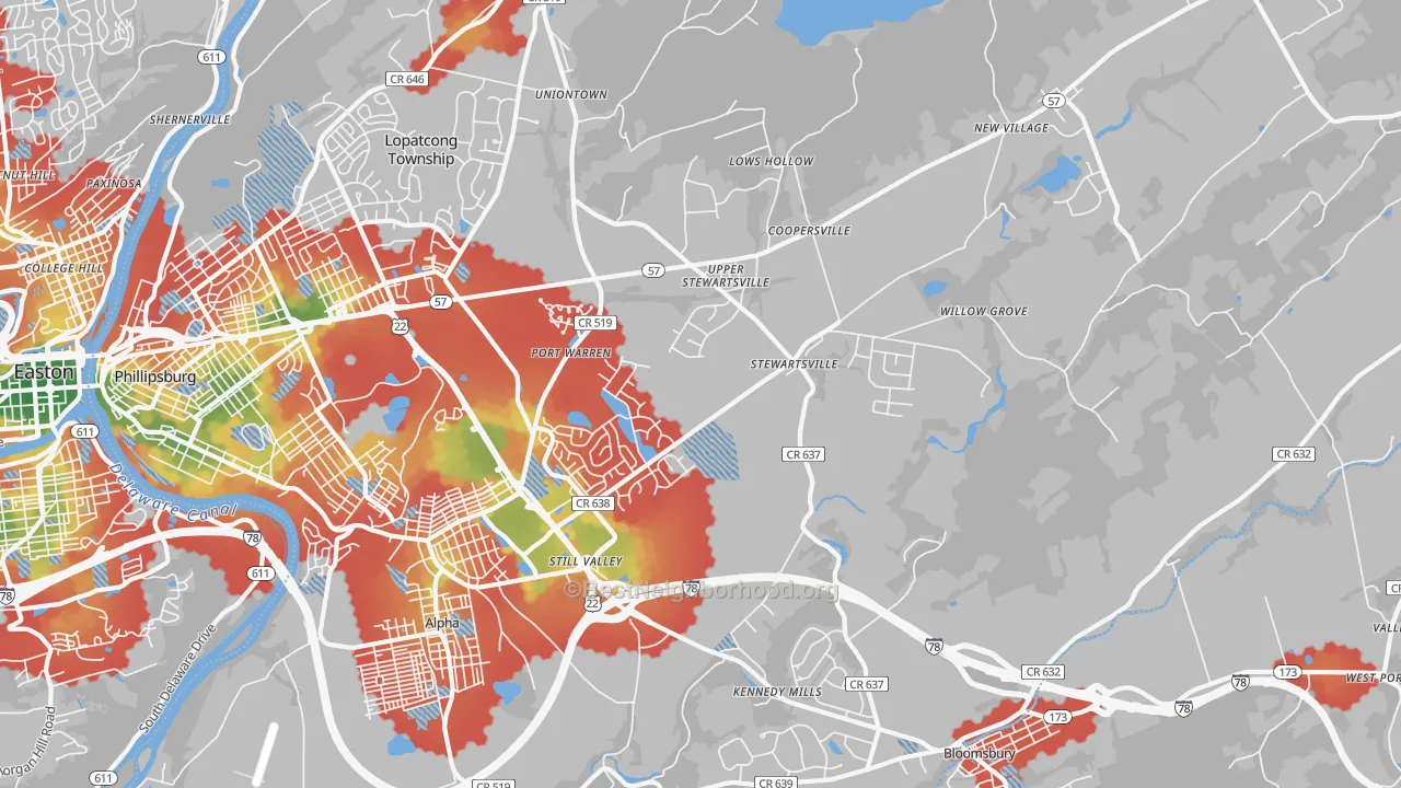 Walk Grade map of Stewartsville, NJ, walkable areas in green and car-dependent areas in red