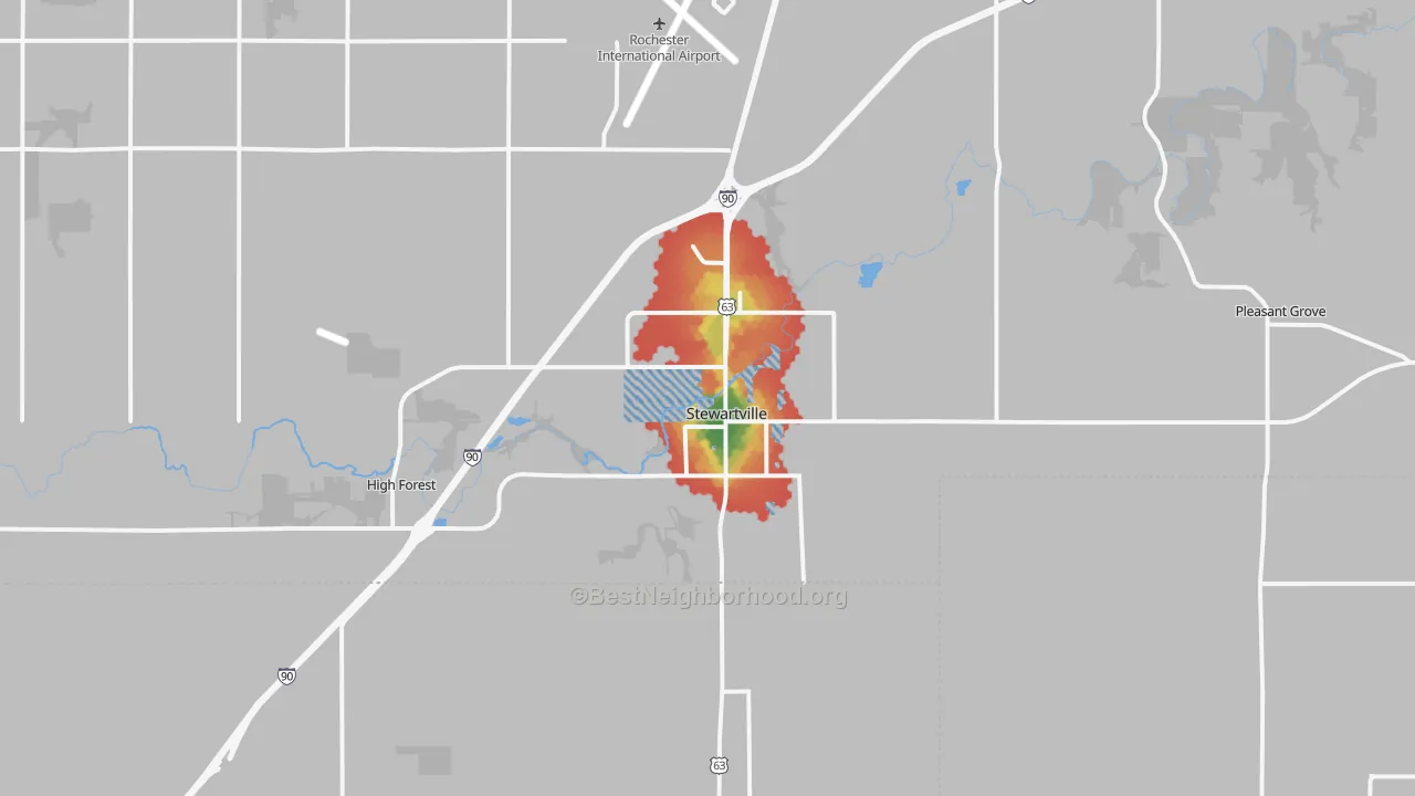 Walk Grade map of Stewartville, MN, walkable areas in green and car-dependent areas in red
