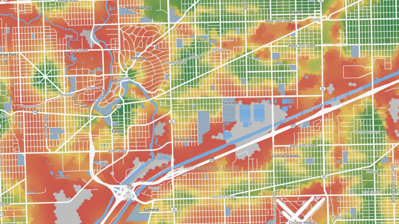 Walk Grade map of Stickney, IL, walkable areas in green and car-dependent areas in red