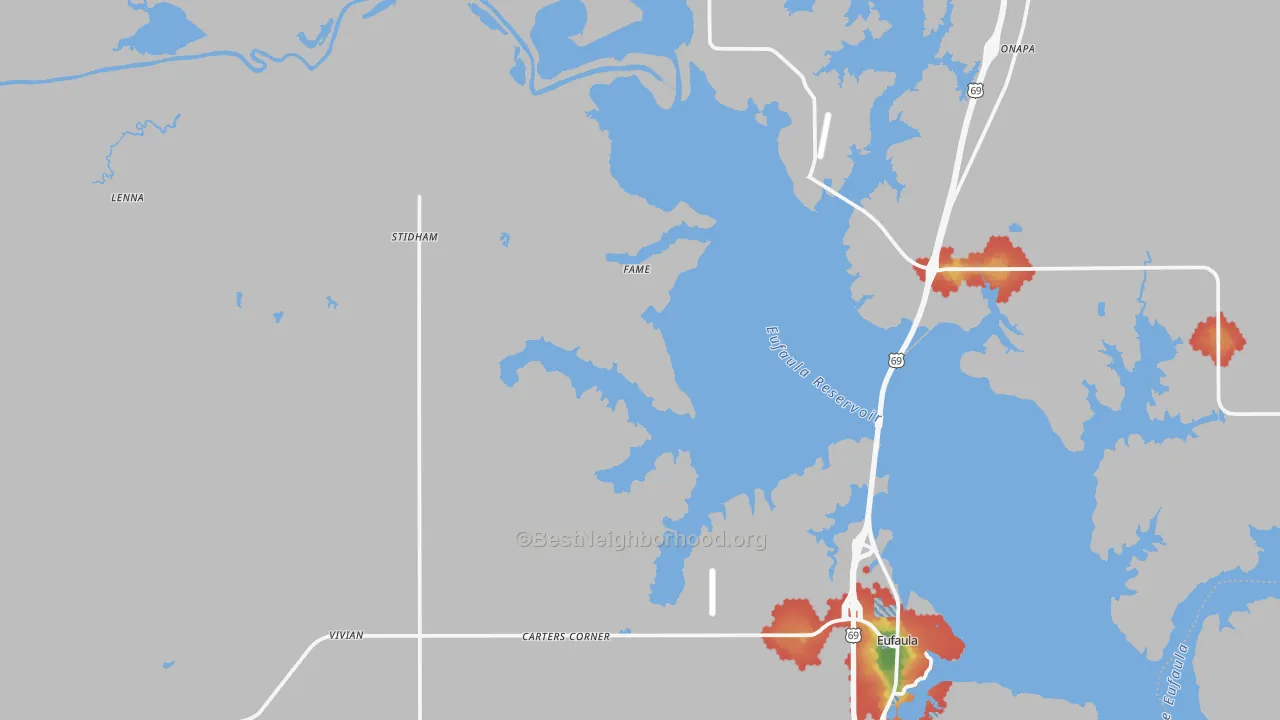 Walk Grade map of Stidham, OK, walkable areas in green and car-dependent areas in red