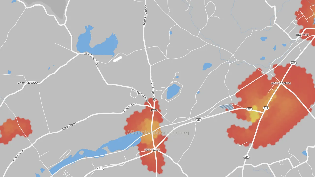 Walk Grade map of Stier, PA, walkable areas in green and car-dependent areas in red