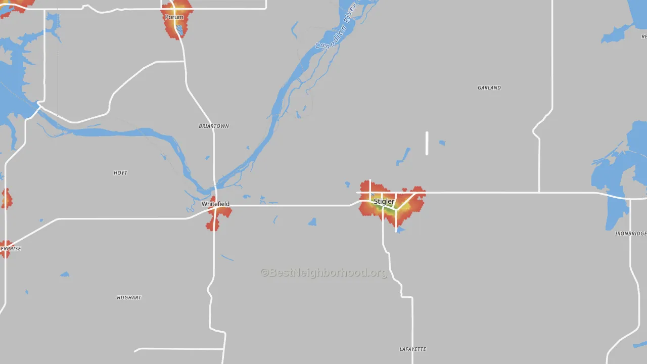 Walk Grade map of Stigler, OK, walkable areas in green and car-dependent areas in red