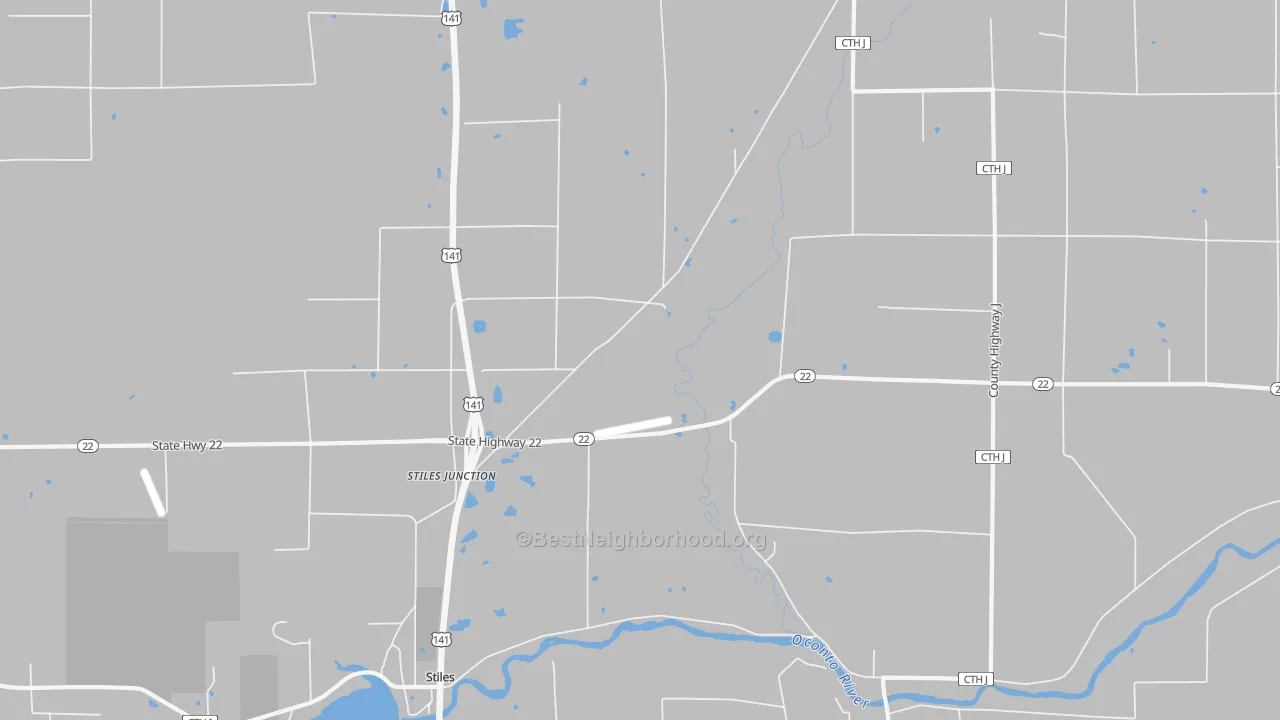 Walk Grade map of Stiles Junction, WI, walkable areas in green and car-dependent areas in red