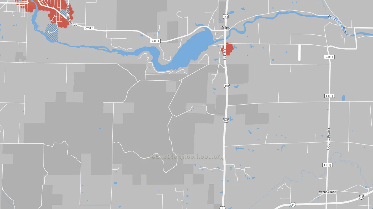 Walk Grade map of Stiles, WI, walkable areas in green and car-dependent areas in red