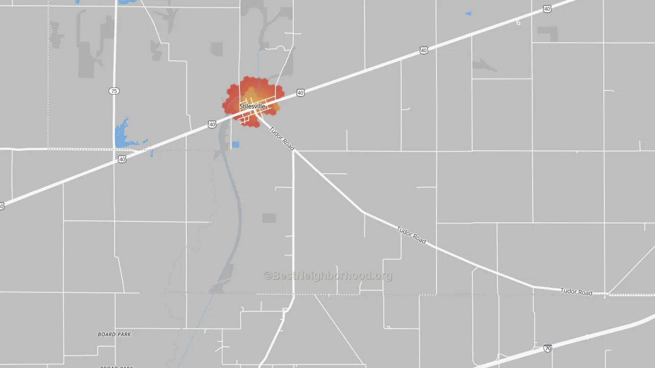 Walk Grade map of Stilesville, IN, walkable areas in green and car-dependent areas in red