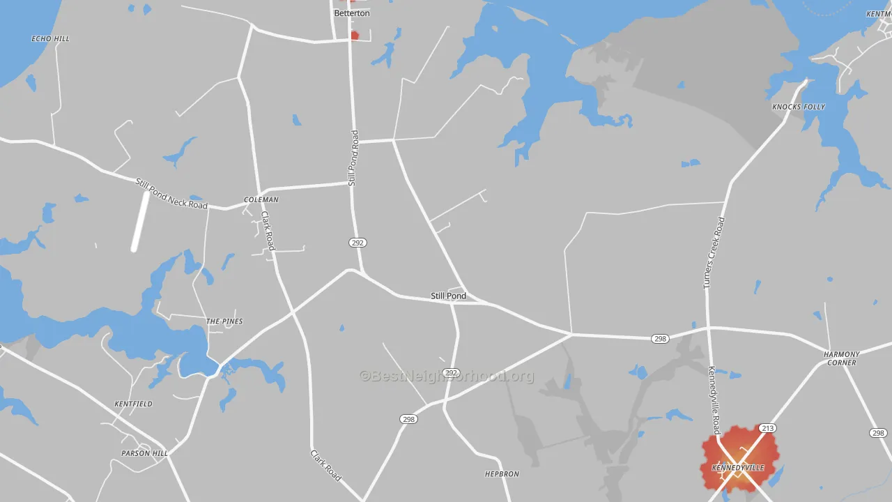 Walk Grade map of Still Pond, MD, walkable areas in green and car-dependent areas in red