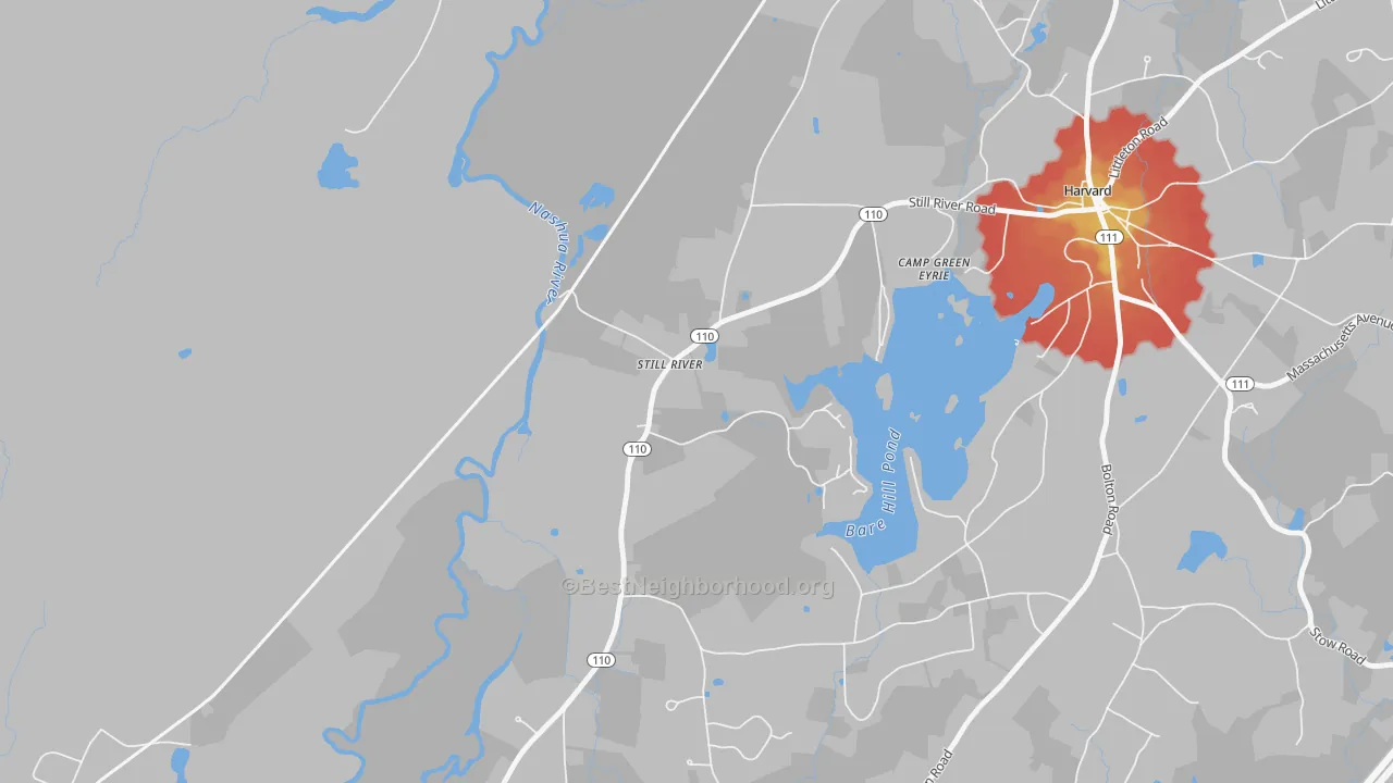 Walk Grade map of Still River, MA, walkable areas in green and car-dependent areas in red