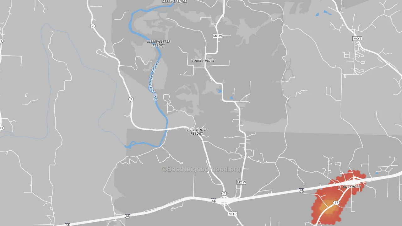 Walk Grade map of Stillhouse Springs, MO, walkable areas in green and car-dependent areas in red