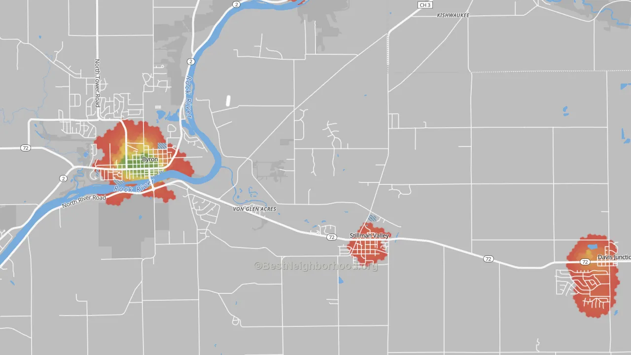 Walk Grade map of Stillman Valley, IL, walkable areas in green and car-dependent areas in red