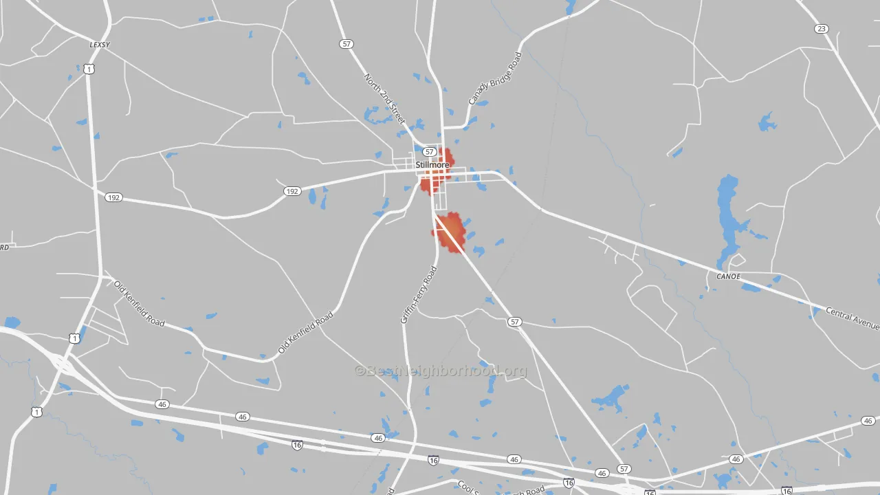 Walk Grade map of Stillmore, GA, walkable areas in green and car-dependent areas in red