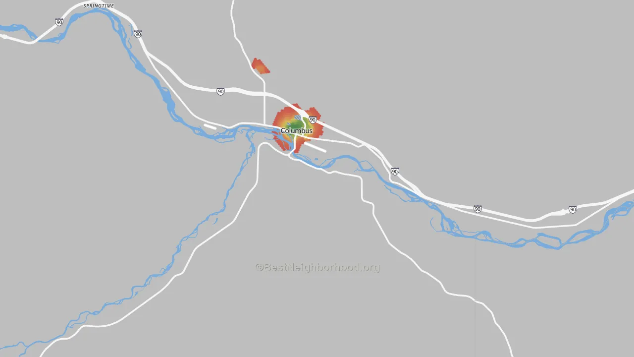Walk Grade map of Stillwater County, MT, walkable areas in green and car-dependent areas in red