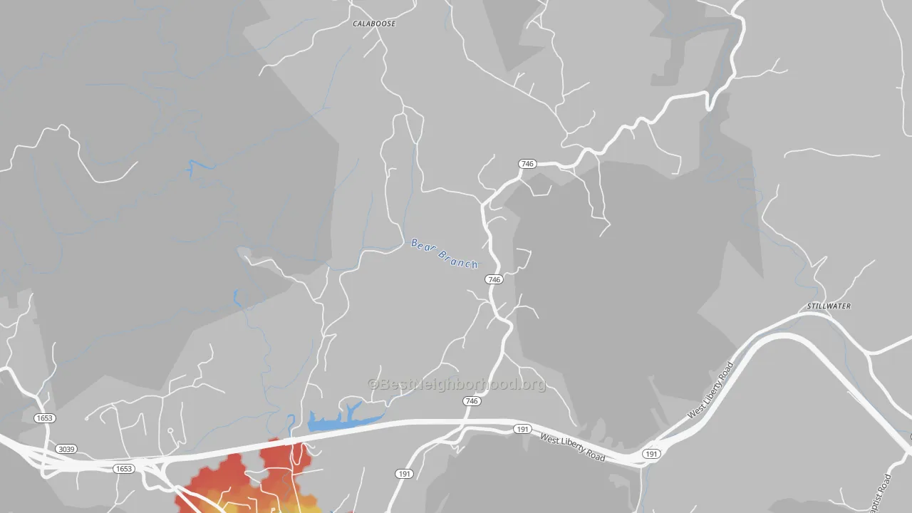 Walk Grade map of Stillwater, KY, walkable areas in green and car-dependent areas in red