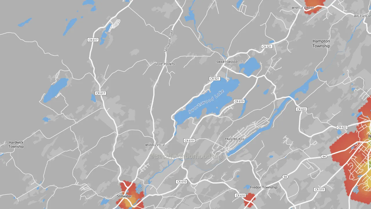 Walk Grade map of Stillwater, NJ, walkable areas in green and car-dependent areas in red