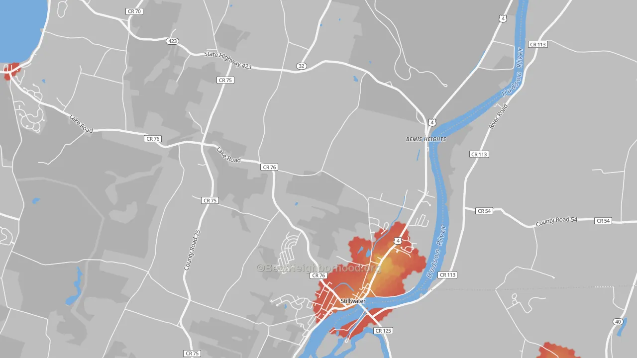 Walk Grade map of Stillwater, NY, walkable areas in green and car-dependent areas in red