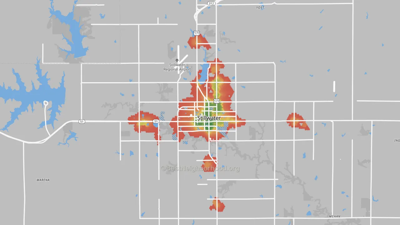Walk Grade map of Stillwater, OK, walkable areas in green and car-dependent areas in red