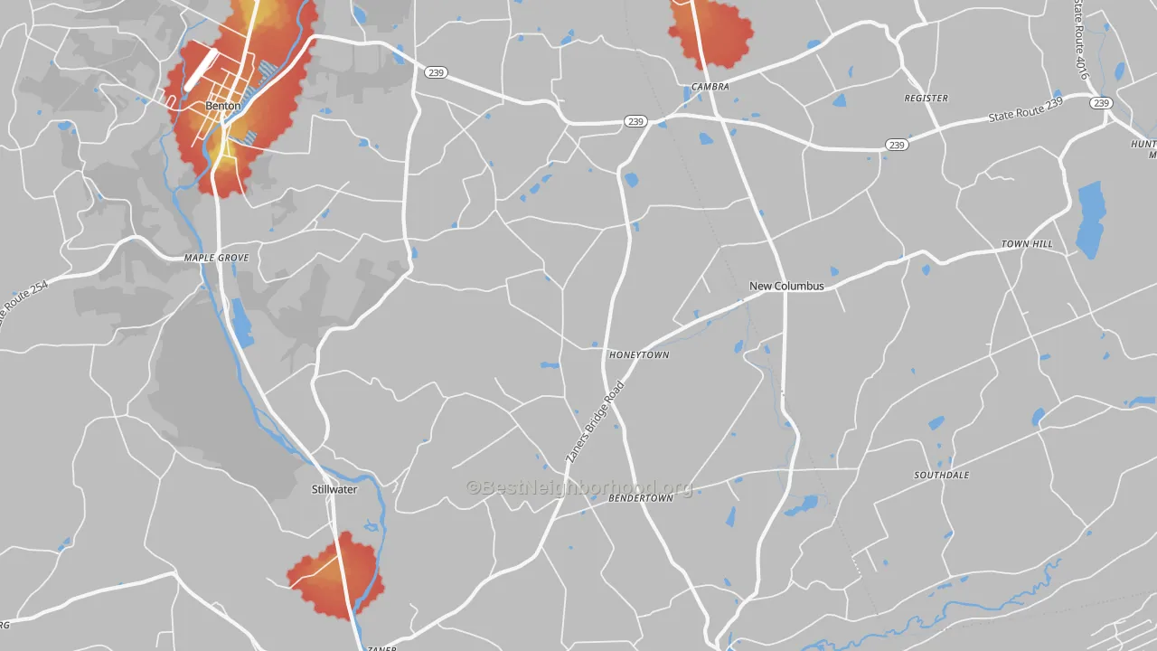 Walk Grade map of Stillwater, PA, walkable areas in green and car-dependent areas in red