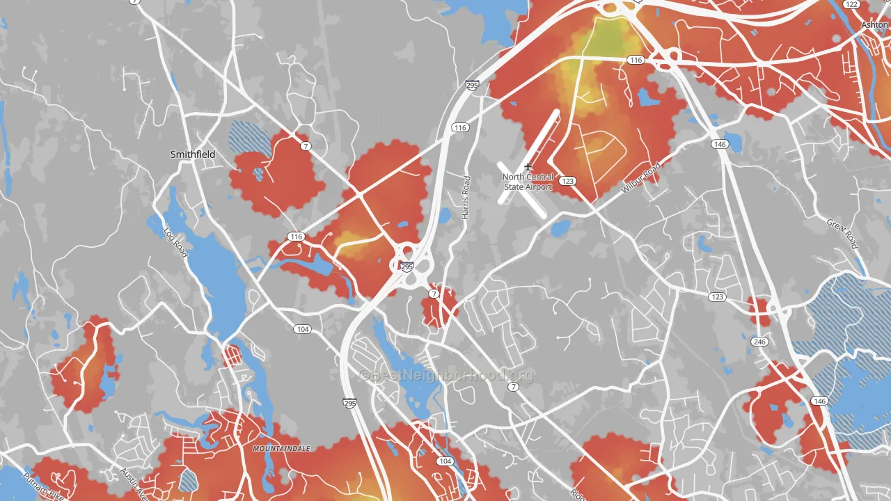 Walk Grade map of Stillwater, RI, walkable areas in green and car-dependent areas in red