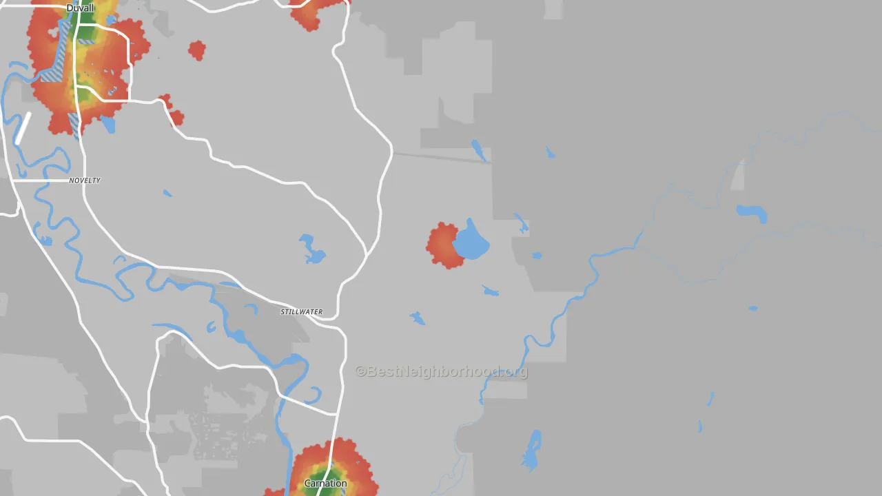 Walk Grade map of Stillwater, WA, walkable areas in green and car-dependent areas in red