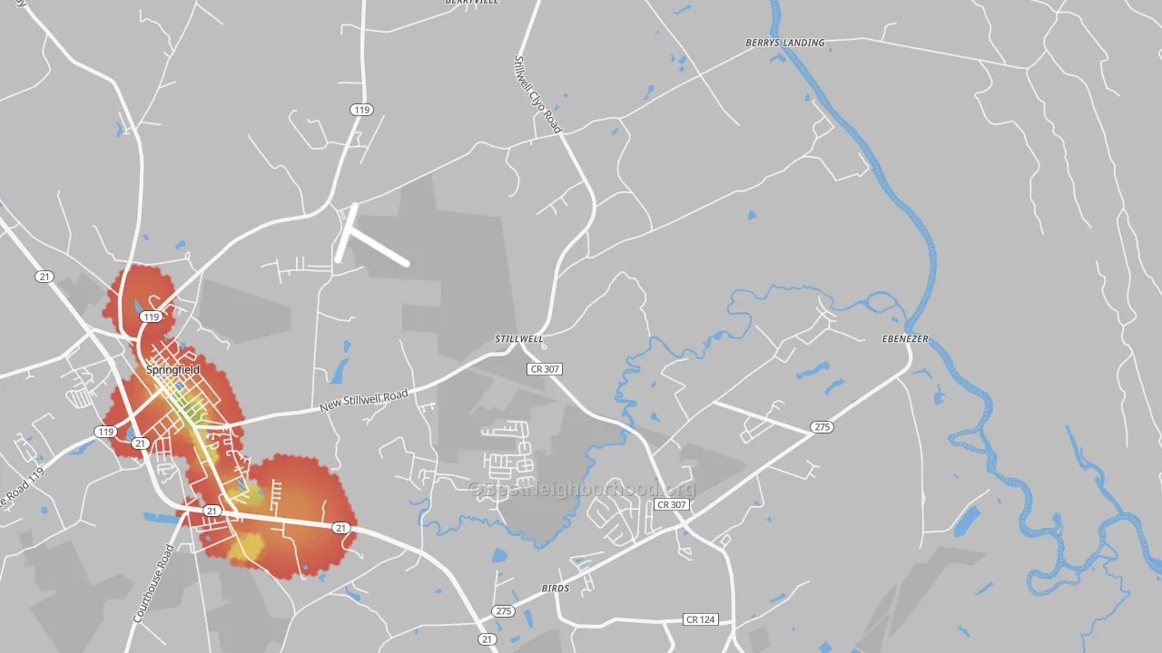 Walk Grade map of Stillwell, GA, walkable areas in green and car-dependent areas in red