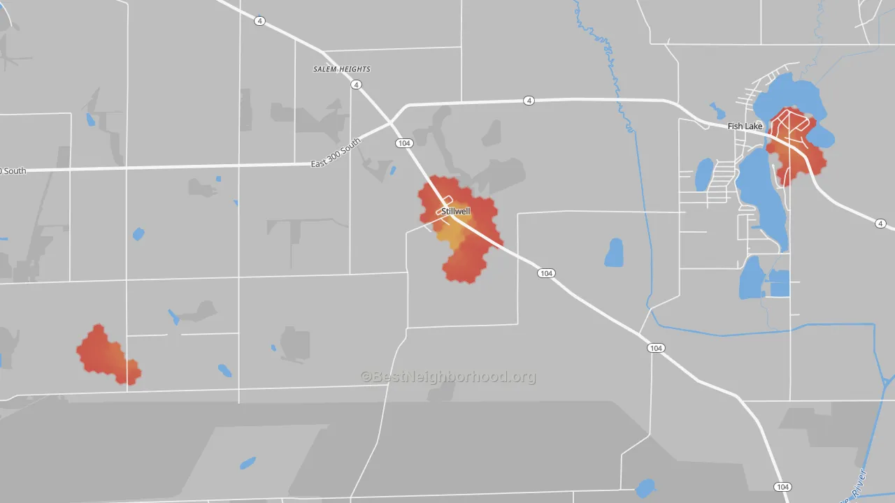 Walk Grade map of Stillwell, IN, walkable areas in green and car-dependent areas in red