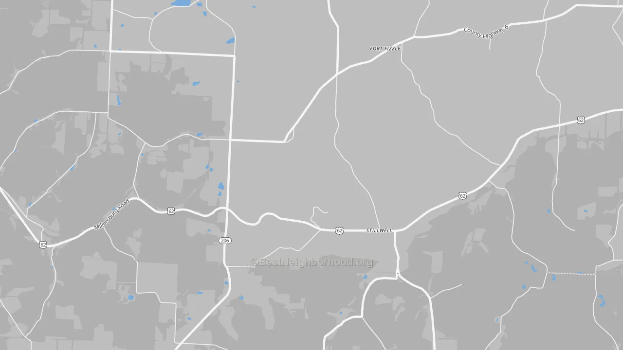 Walk Grade map of Stillwell, OH, walkable areas in green and car-dependent areas in red