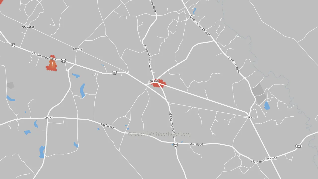 Walk Grade map of Stilson, GA, walkable areas in green and car-dependent areas in red