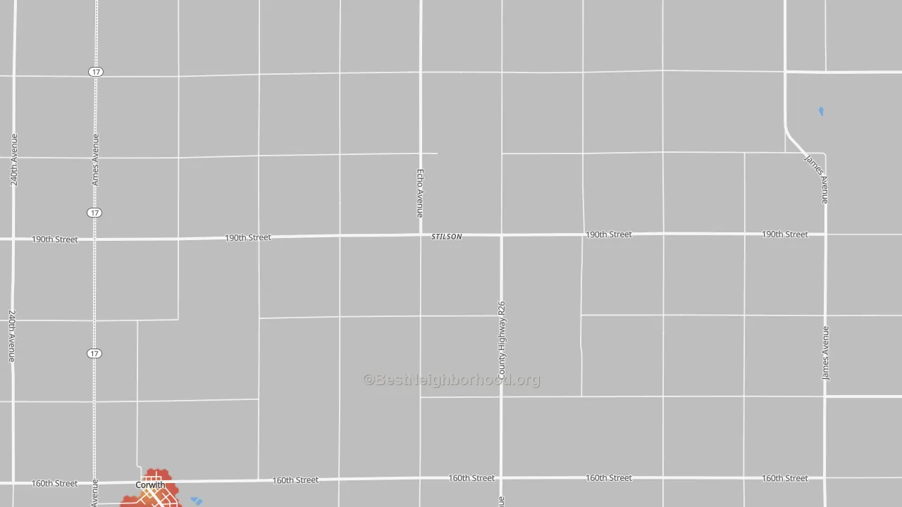 Walk Grade map of Stilson, IA, walkable areas in green and car-dependent areas in red