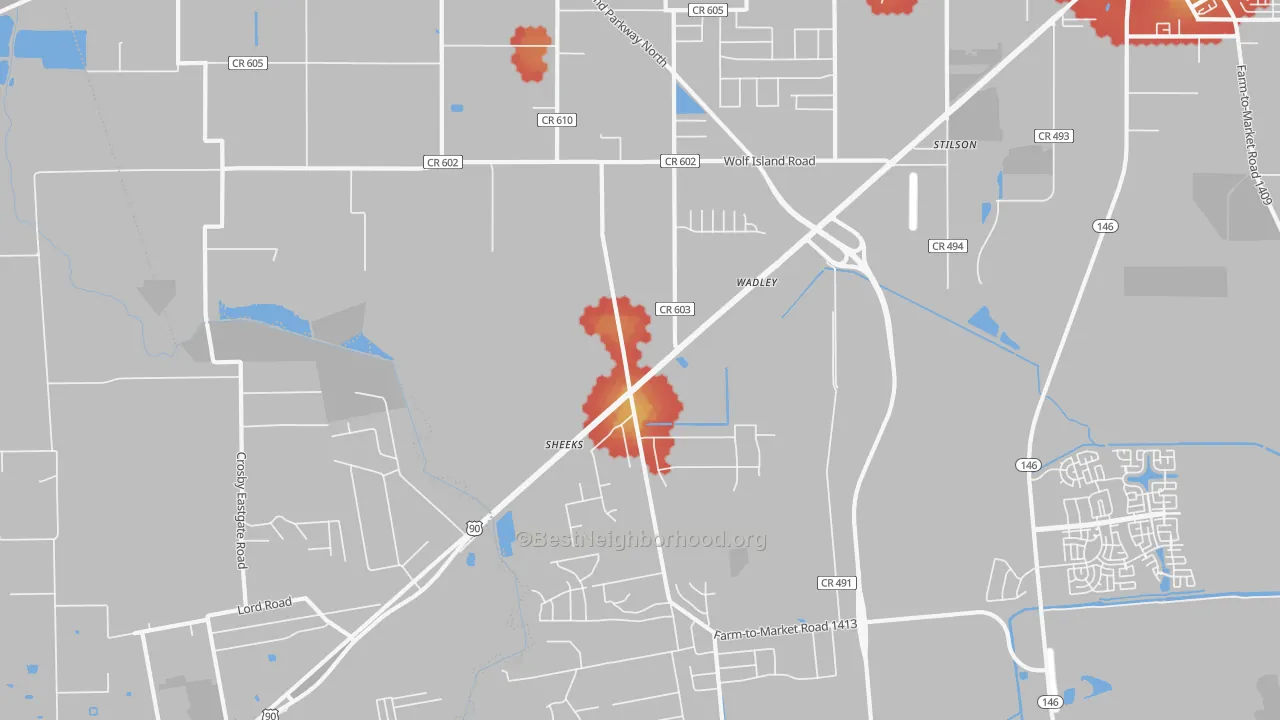 Walk Grade map of Stilson, TX, walkable areas in green and car-dependent areas in red
