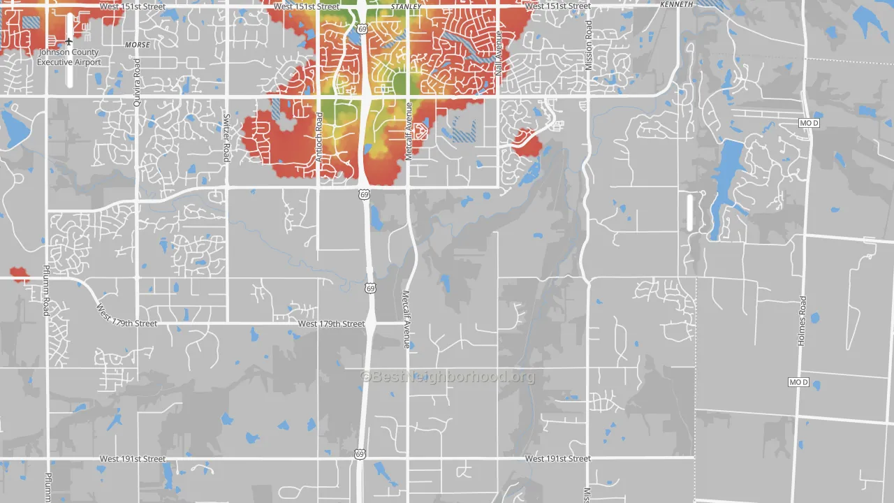 Walk Grade map of Stilwell, KS, walkable areas in green and car-dependent areas in red