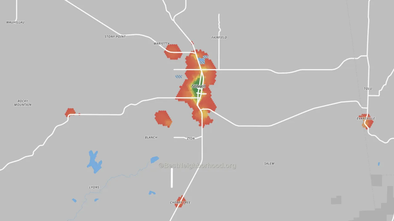 Walk Grade map of Stilwell, OK, walkable areas in green and car-dependent areas in red