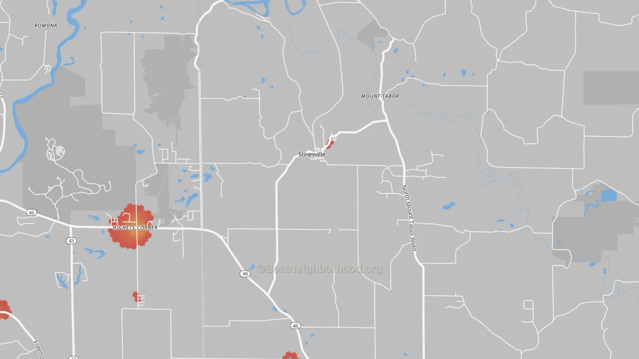 Walk Grade map of Stinesville, IN, walkable areas in green and car-dependent areas in red