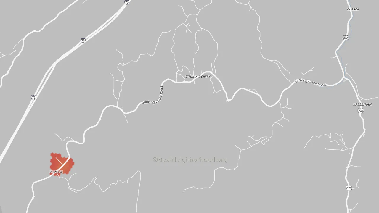 Walk Grade map of Stinking Creek, TN, walkable areas in green and car-dependent areas in red