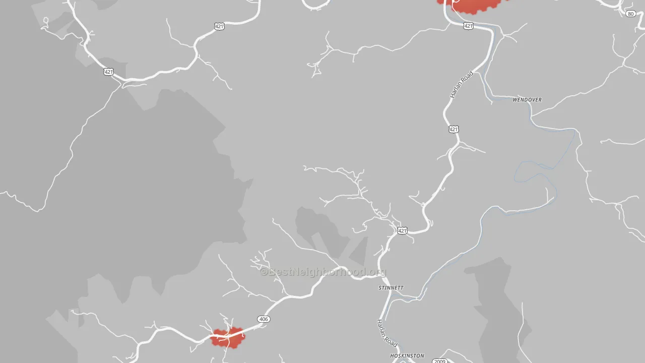 Walk Grade map of Stinnett, KY, walkable areas in green and car-dependent areas in red