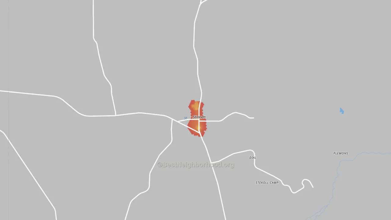 Walk Grade map of Stinnett, TX, walkable areas in green and car-dependent areas in red