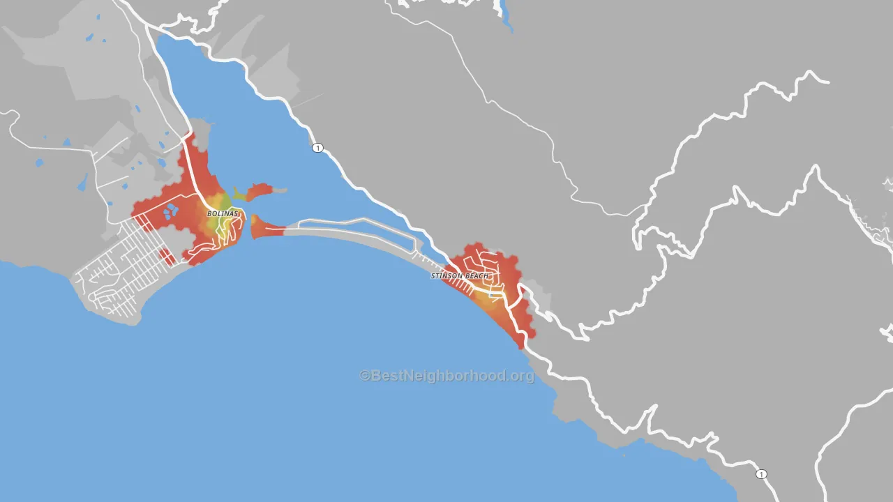 Walk Grade map of Stinson Beach, CA, walkable areas in green and car-dependent areas in red