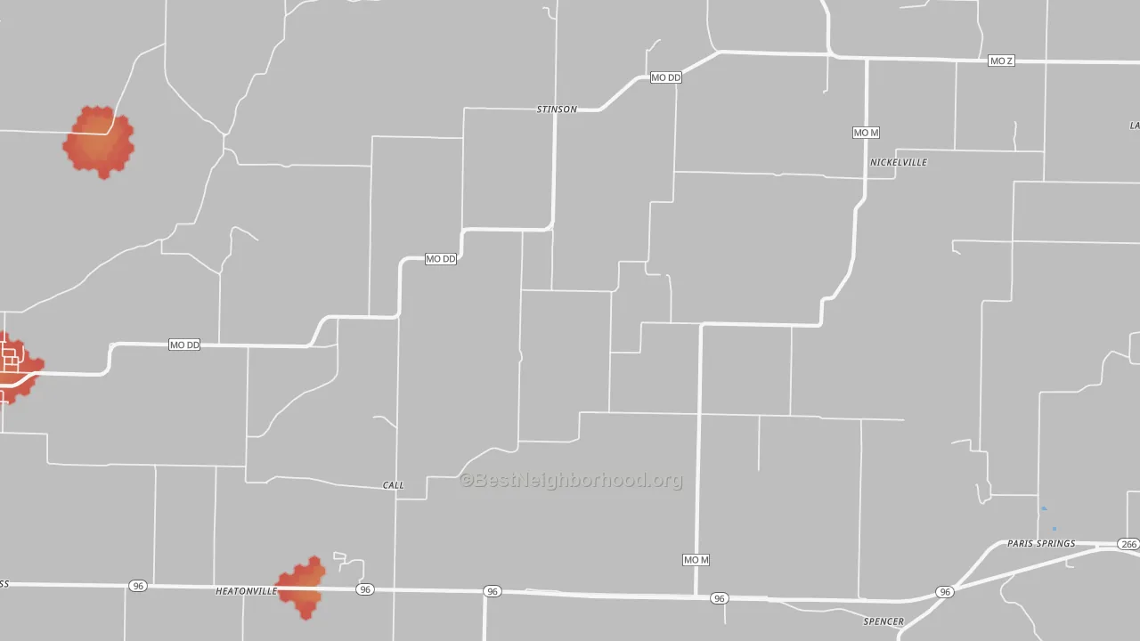 Walk Grade map of Stinson, MO, walkable areas in green and car-dependent areas in red