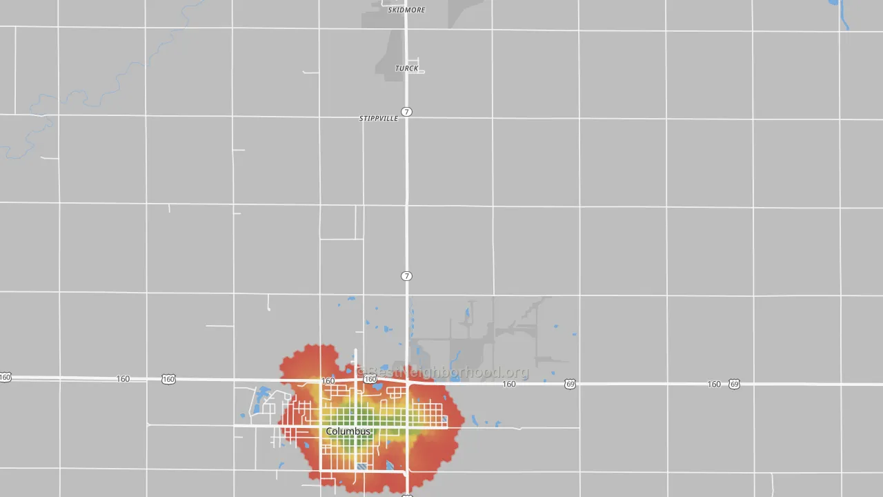Walk Grade map of Stippville, KS, walkable areas in green and car-dependent areas in red