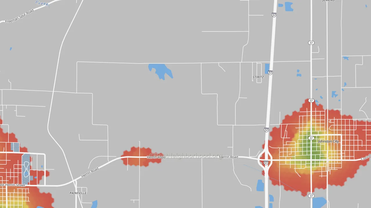 Walk Grade map of Stiritz, IL, walkable areas in green and car-dependent areas in red
